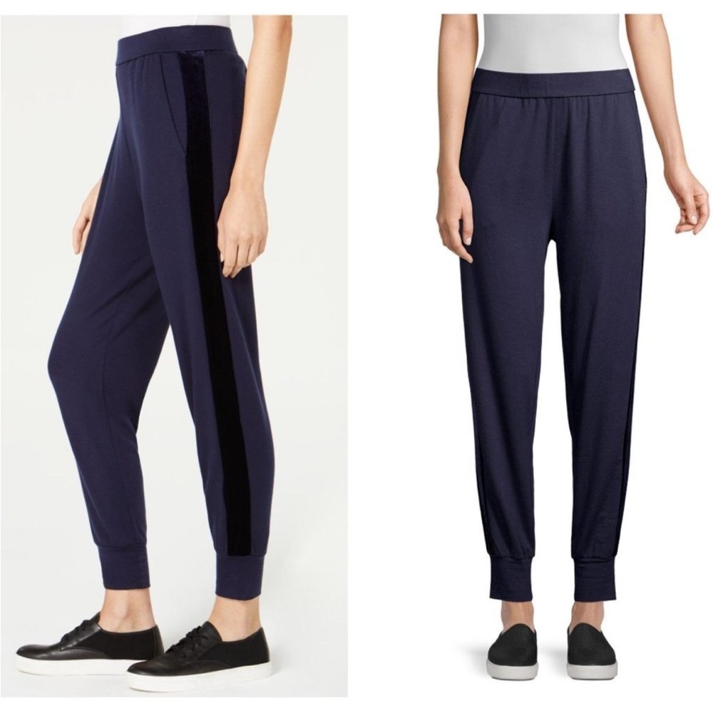 Eileen‎ Fisher Stretch Terry Side-Striped Pants Tencel Velvet Stripe Jogger Navy